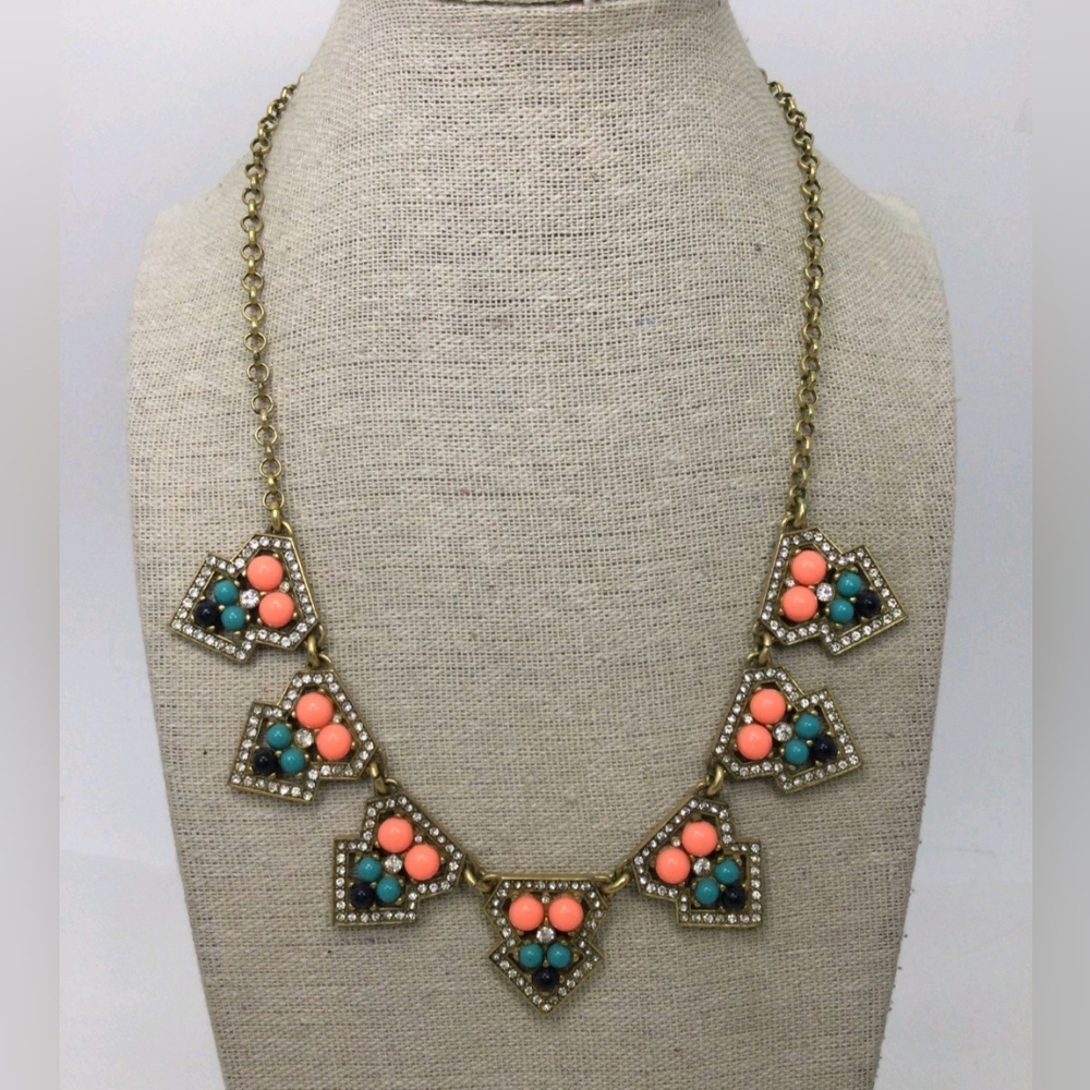 J. Crew Blue Coral Cabochon Rhinestone Statement Necklace 17"